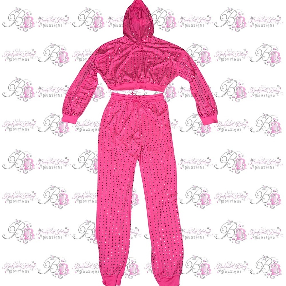 Bling 2 piece set rhinestone studded pants joggers with hoodie pink and silver